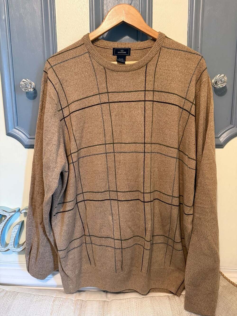 Dockers Mens Check Plaid Crew Neck Brown Acrylic Pullover Sweater XL